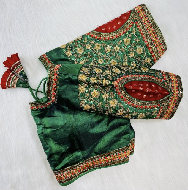 Green Silk Embroidered Blouse Online