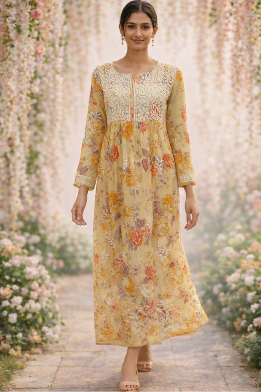Butter Yellowmu cotton chikankari kurti  
