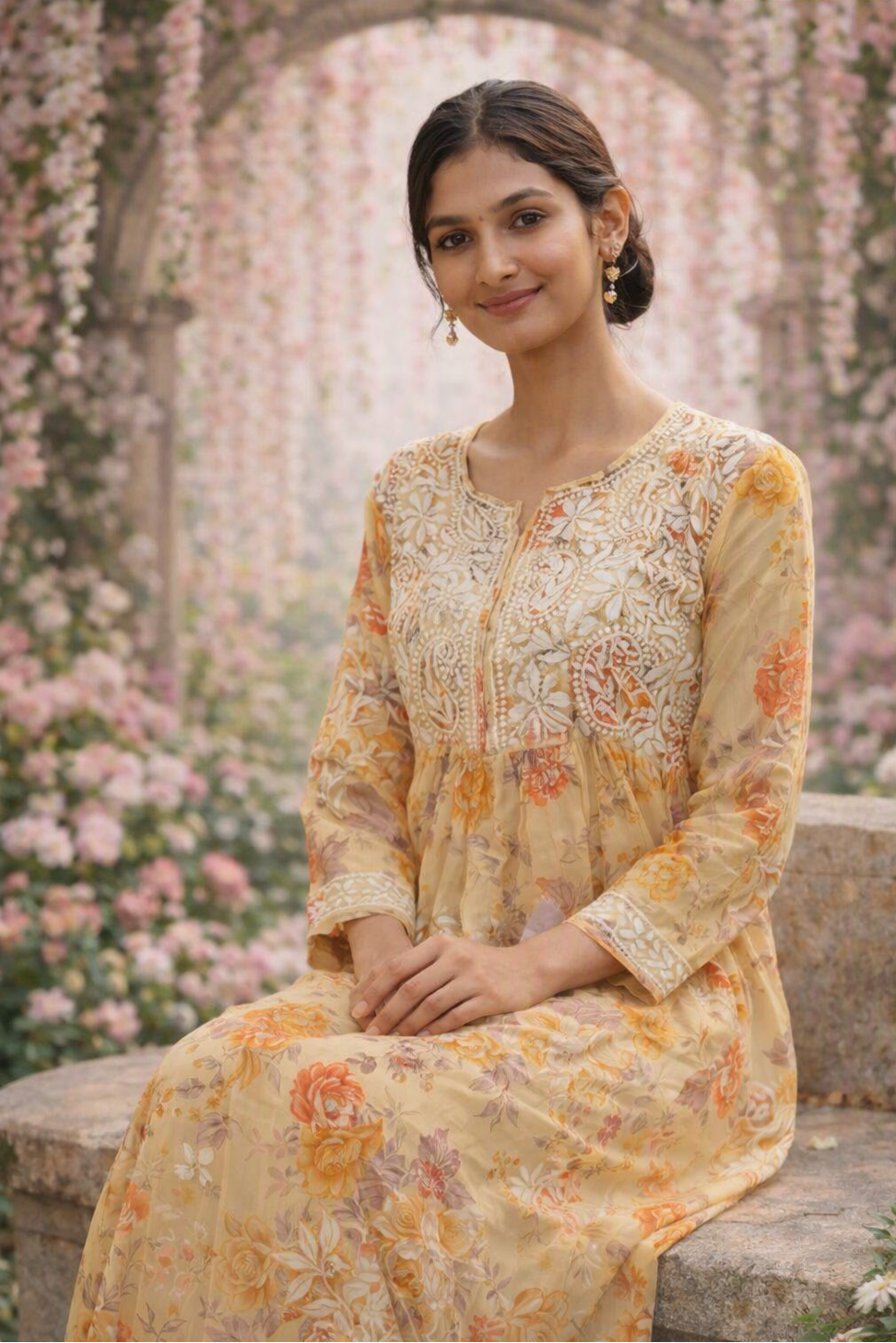 Butter Yellowmu cotton chikankari kurti  1