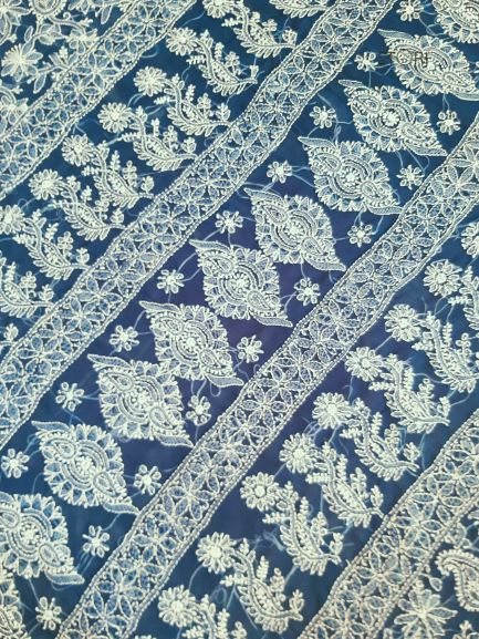 Teal Blue Noor Full Jaal Hand Embroidered Lucknowi Chikankari Saree