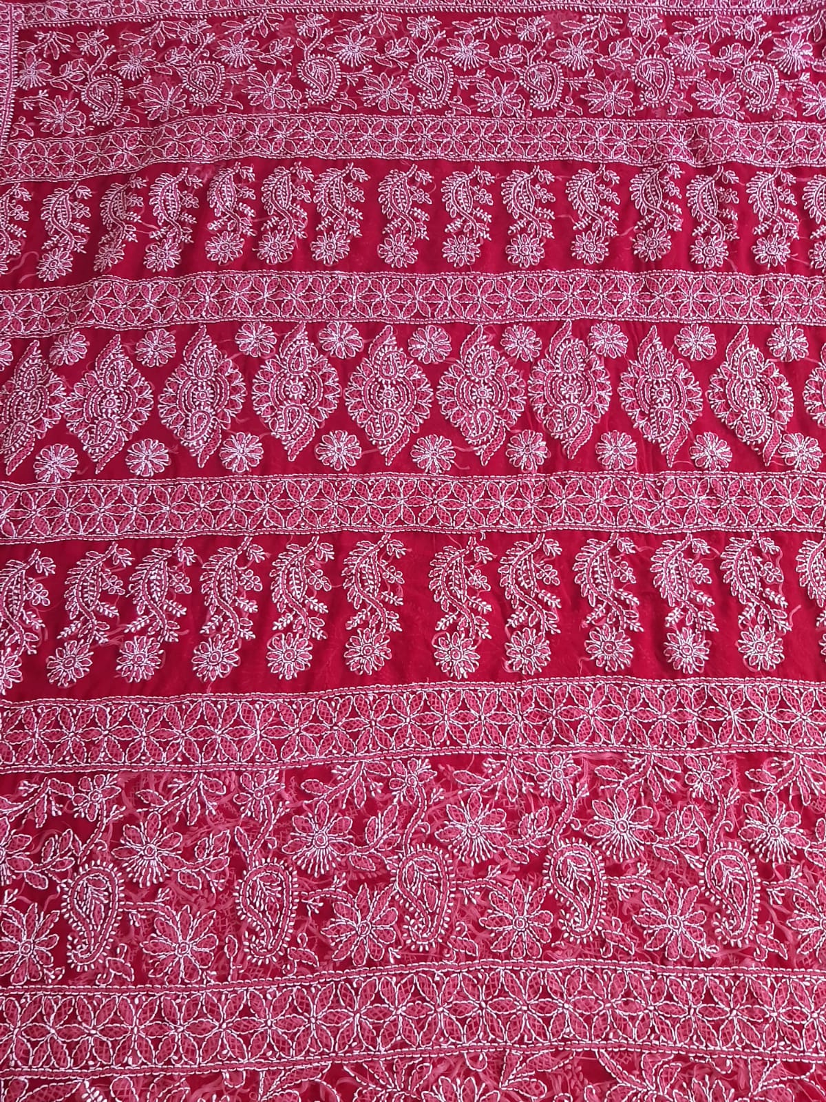 Deep Red Noor Full Jaal Hand Embroidered Lucknowi Chikankari Saree