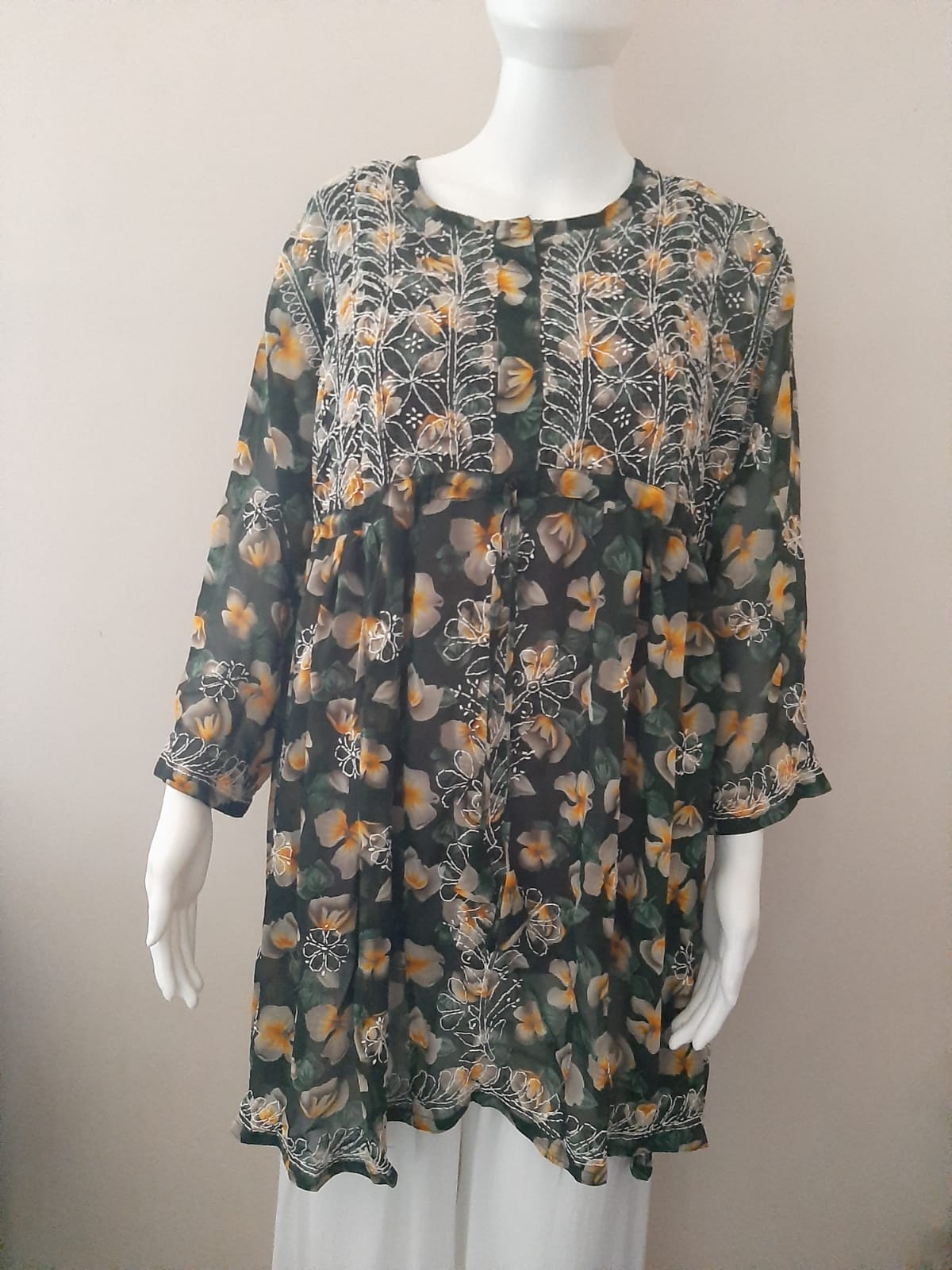 Green Printed Floral Georgette Short Chikankari Kurti With Dori