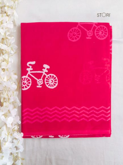 Rani Pink Cycle Printed Handloom Cotton Mulmul Saree