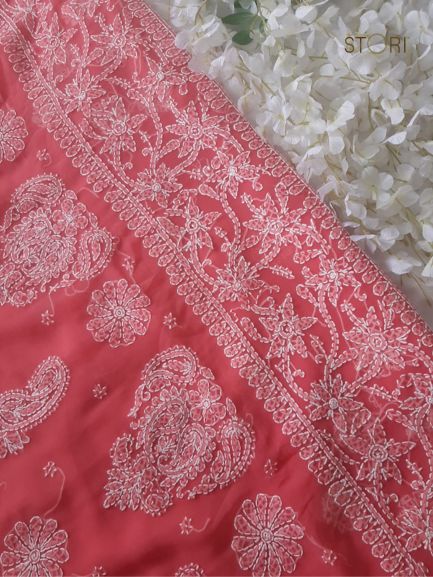 Carrot Pink Sanah Handcrafted Lucknowi Chikankari Saree