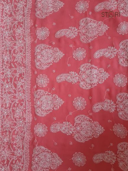 Carrot Pink Sanah Handcrafted Lucknowi Chikankari Saree