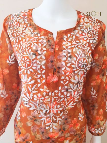 Teracotta Brown Printed Chanderi Chikankari Kurti
