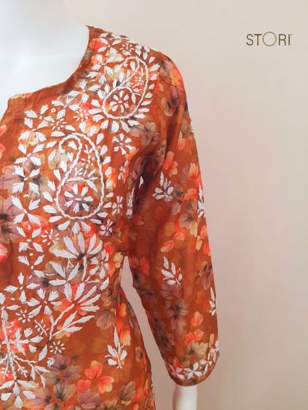 Teracotta Brown Printed Chanderi Chikankari Kurti