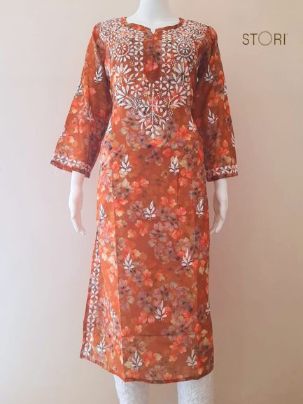 Teracotta Brown Printed Chanderi Chikankari Kurti
