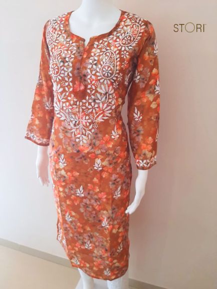 Teracotta Brown Printed Chanderi Chikankari Kurti