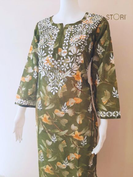 Olive Green Printed Chanderi Chikankari Kurti