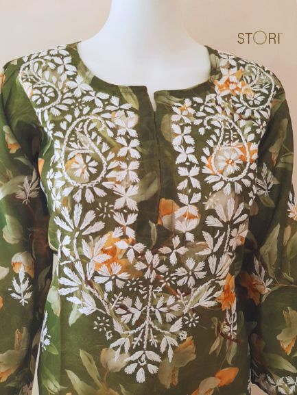 Olive Green Printed Chanderi Chikankari Kurti