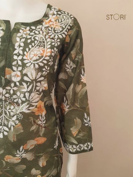 Olive Green Printed Chanderi Chikankari Kurti