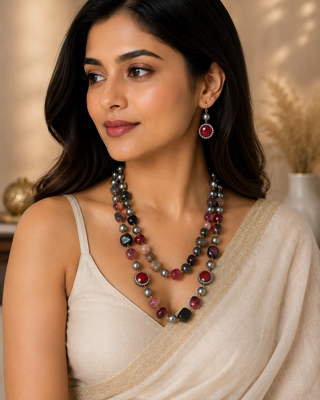 Martha Stone 2-Layer Multicolor Necklace And Earring Set