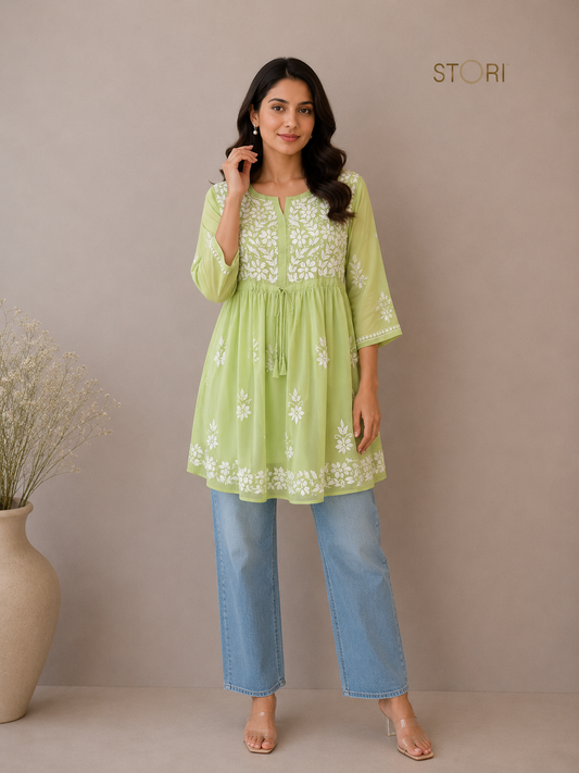 Nora Pista Green Short Georgette Chikankari Kurti