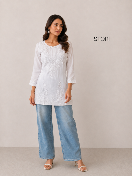 Aiza White Soft Modal Handcrafted Short Chikankari Kurti