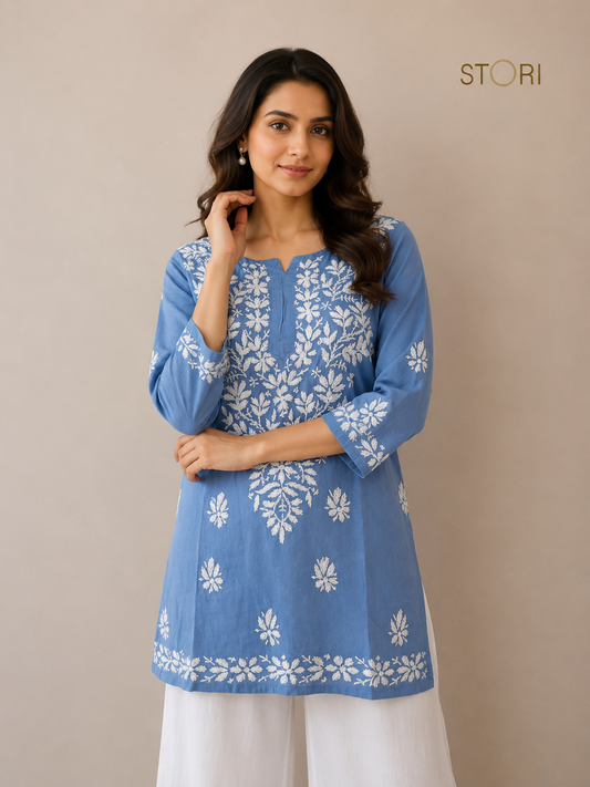 Aiza Powder Blue Soft Modal Handcrafted Short Chikankari Kurti