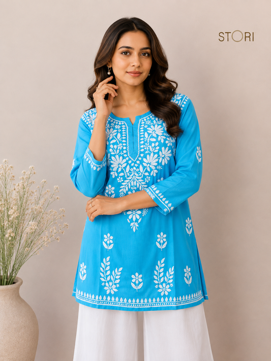 Aiza Sky Blue Soft Modal Handcrafted Short Chikankari Kurti