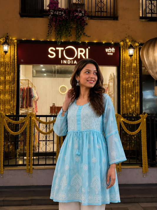 Adila Sky Blue Short Georgette Chikankari Kurti With Bell Sleeves