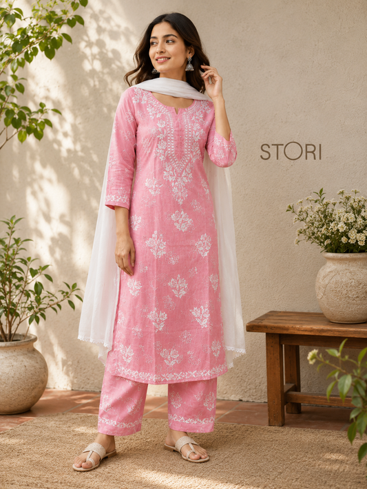Niha Light Pink Soft Cotton Mulmul Chikankari Kurti & Palazzo Set