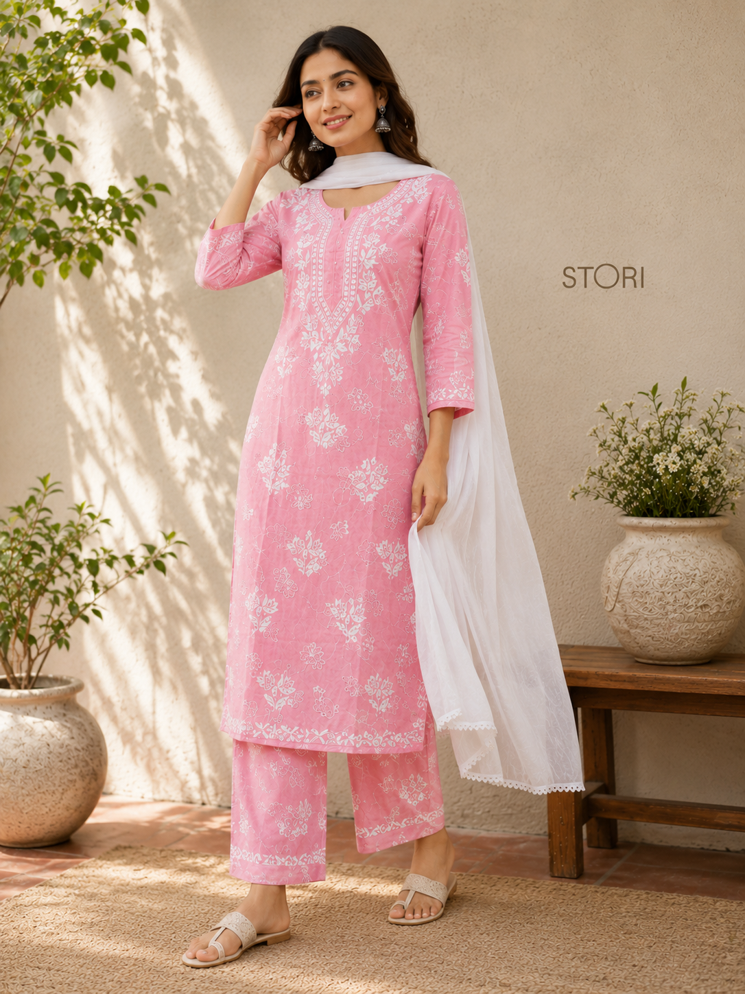 Niha Light Pink Soft Cotton Mulmul Chikankari Kurti & Palazzo Set