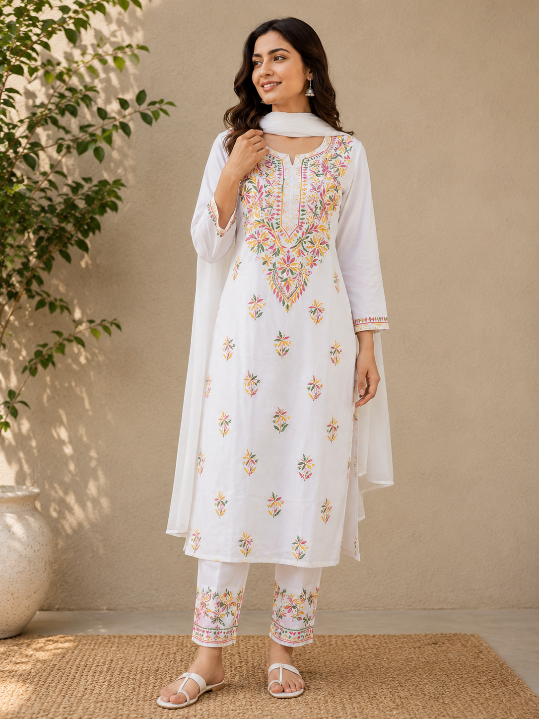 Avanya White Soft Cotton Chikankari Kurti & Lycra Pant Set With Multicolor Thread Embroidery