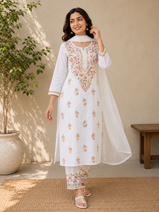 Avanya White Soft Cotton Chikankari Kurti & Lycra Pant Set With Multicolor Thread Embroidery