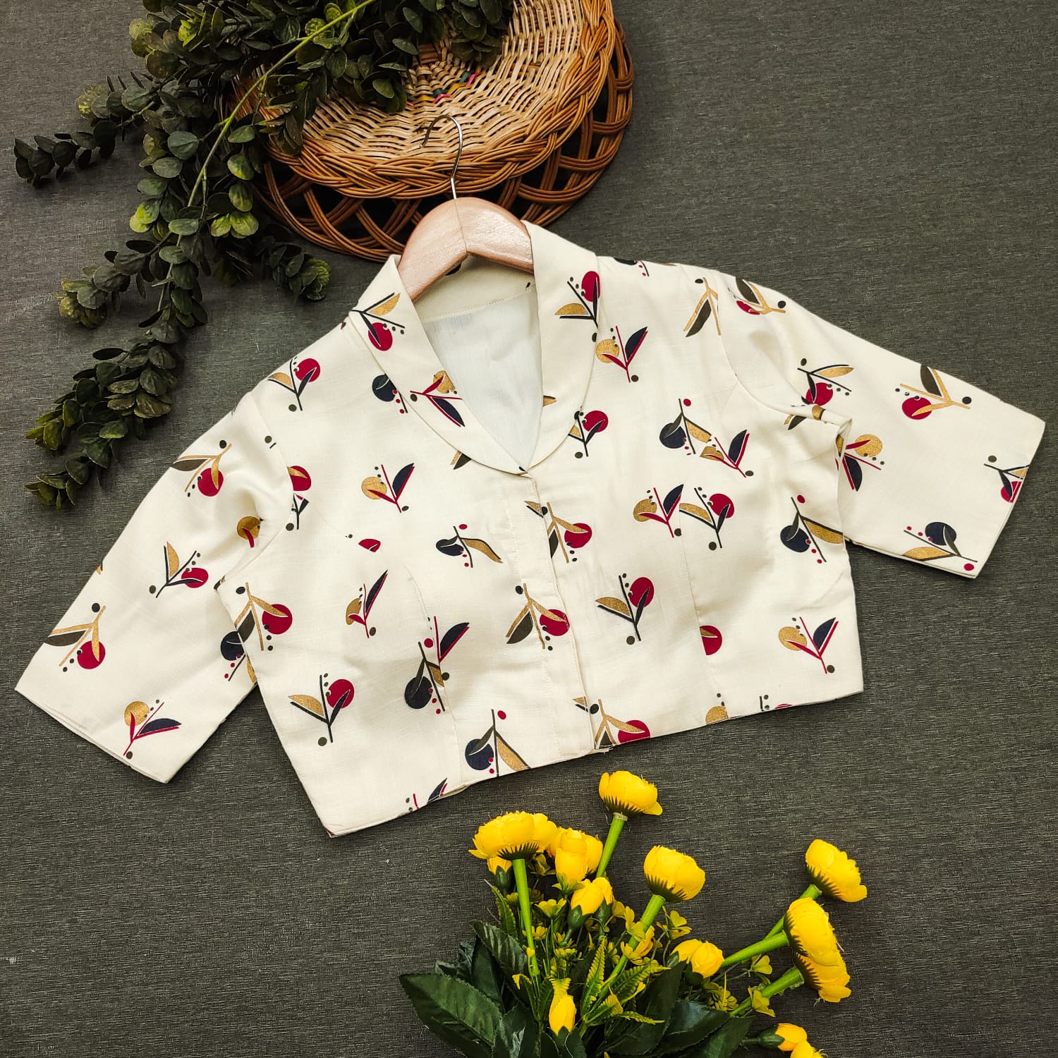 Cherry Slub Cotton Crop Top / Collar Blouse