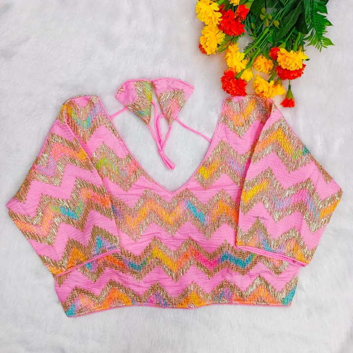Pink Chevron Multi-Sequins & Thread Embroidered Georgette Blouse