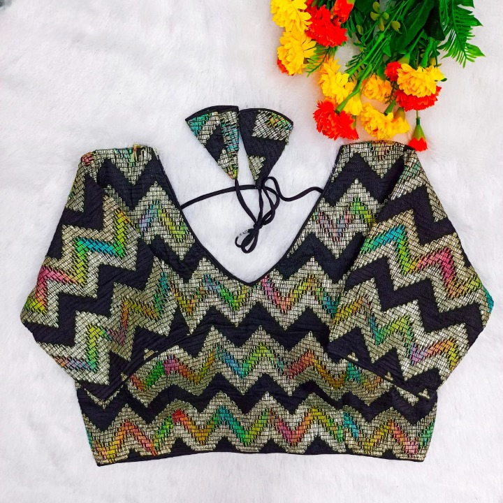 Black Chevron Multi-Sequins & Thread Embroidered Georgette Blouse