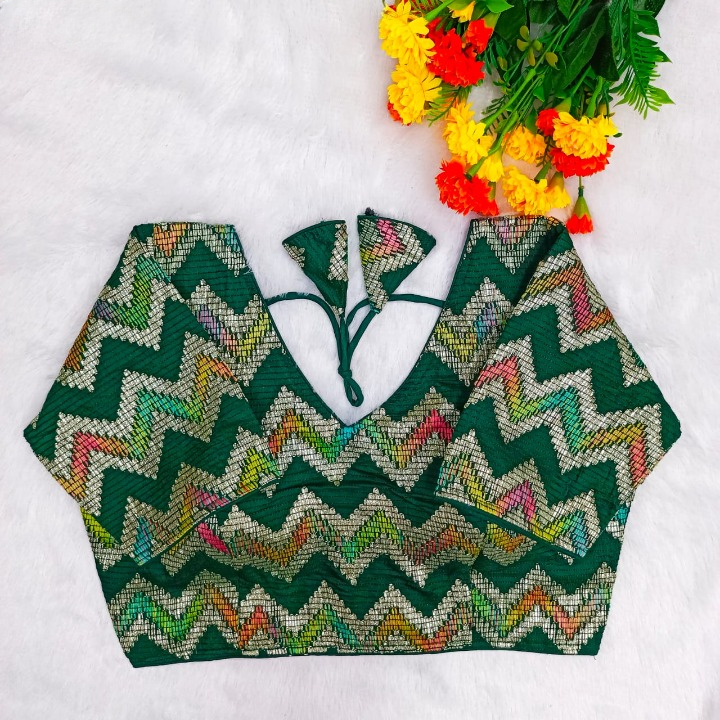Green Chevron Multi-Sequins & Thread Embroidered Georgette Blouse