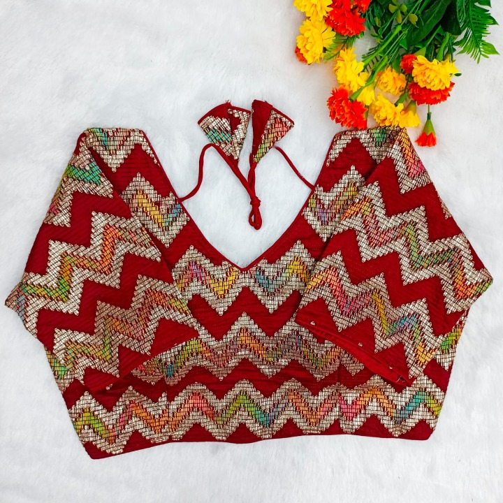 Maroon Chevron Multi-Sequins & Thread Embroidered Georgette Blouse