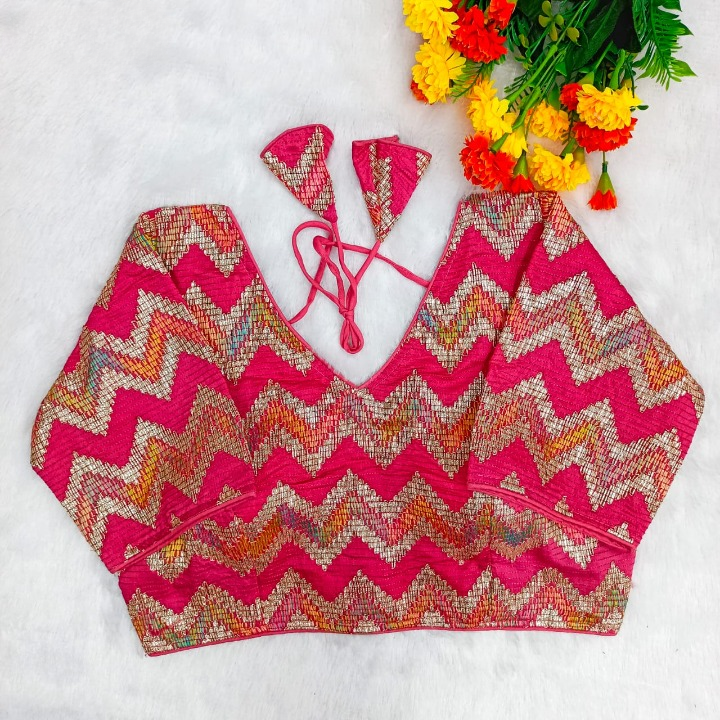 Pink Chevron Multi-Sequins & Thread Embroidered Georgette Blouse