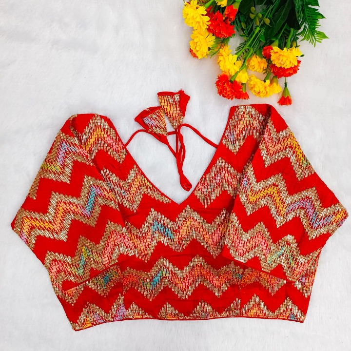 Red Chevron Multi-Sequins & Thread Embroidered Georgette Blouse