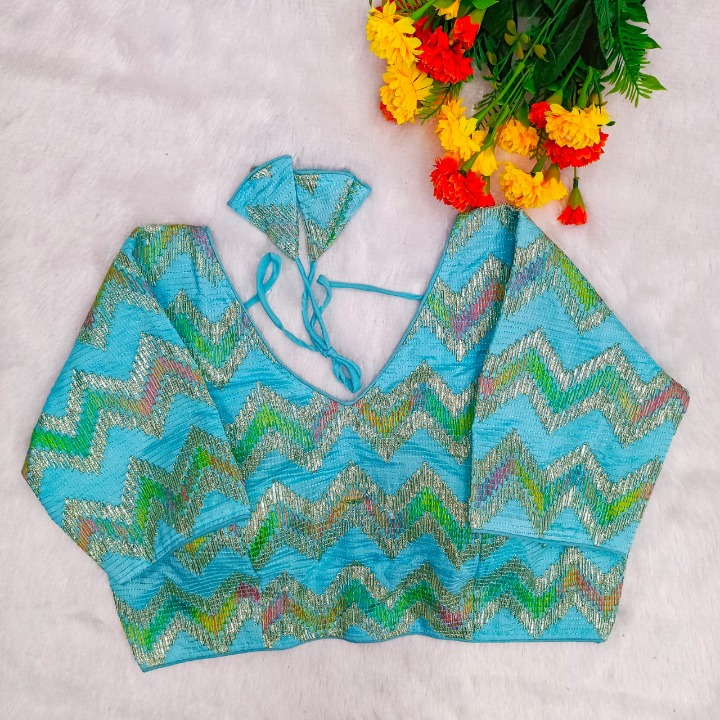Sky Blue Chevron Multi-Sequins & Thread Embroidered Georgette Blouse