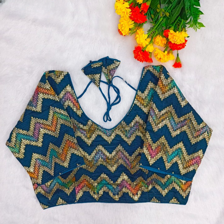 Teal blue Chevron Multi-Sequins & Thread Embroidered Georgette Blouse