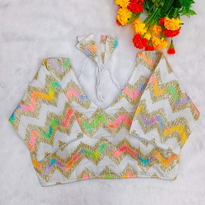 White Chevron Multi-Sequins & Thread Embroidered Georgette Blouse
