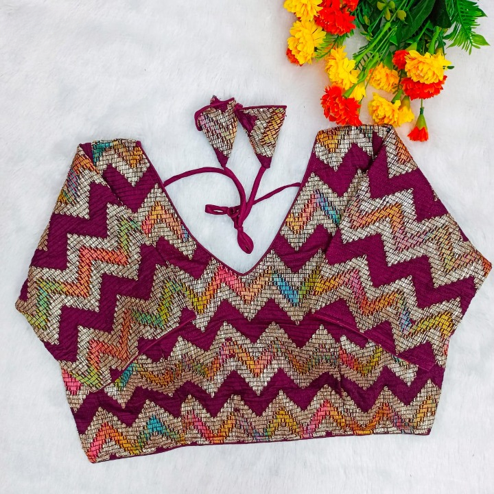 Wine Chevron Multi-Sequins & Thread Embroidered Georgette Blouse