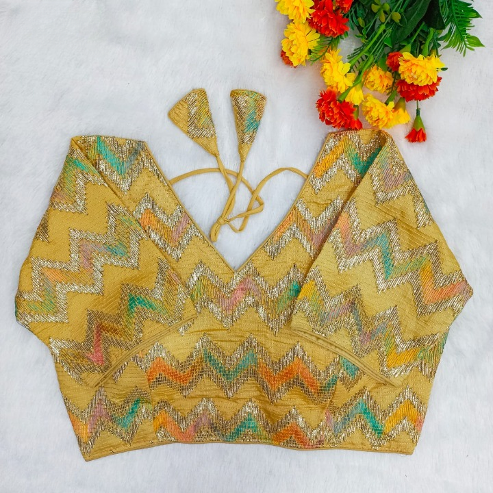 Golden Chevron Multi-Sequins & Thread Embroidered Georgette Blouse