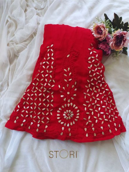 Hand Embroidered Georgette Lucknowi Chikankari Flared Palazzo with Gota Work- Red