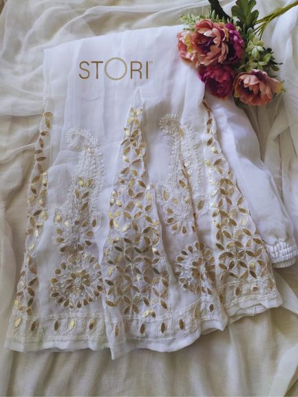 Hand Embroidered Georgette Lucknowi Chikankari Flared Palazzo with Gota Work- White
