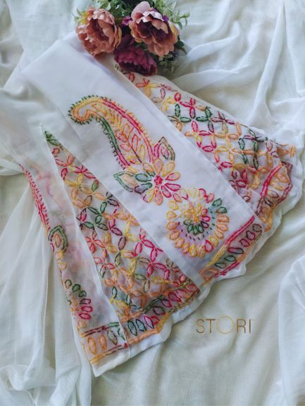 Hand Embroidered Georgette Lucknowi Chikankari Flared Palazzo - Multicolor
