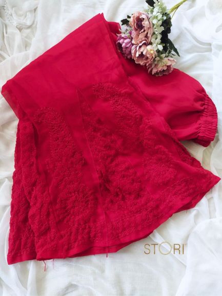 Hand Embroidered Georgette Lucknowi Chikankari Flared Palazzo - Red