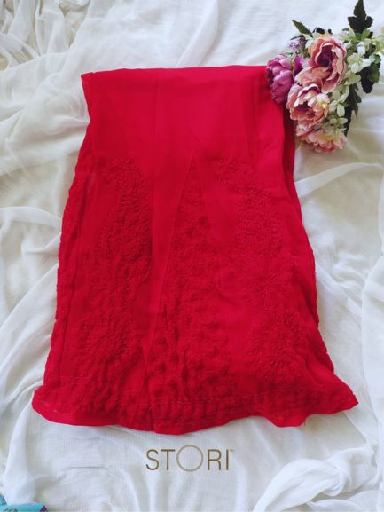 Hand Embroidered Georgette Lucknowi Chikankari Flared Palazzo - Red