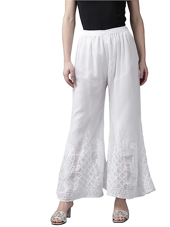 Hand Embroidered Flared White Georgette Lucknowi Chikankari Palazzo