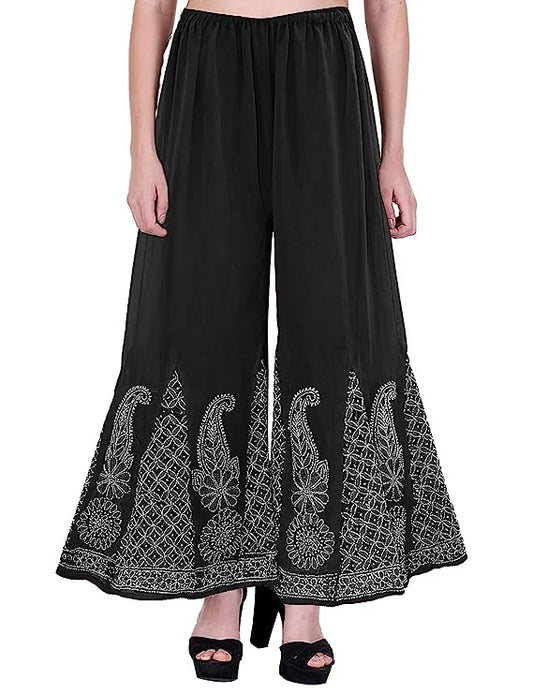 Hand Embroidered Georgette Lucknowi Chikankari Flared Palazzo - Black