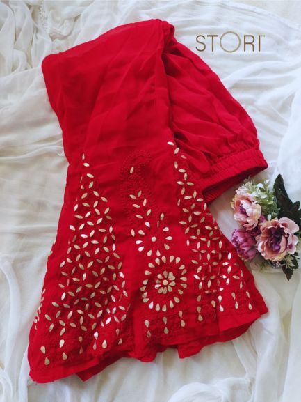 Hand Embroidered Georgette Lucknowi Chikankari Flared Palazzo with Gota Work- Red