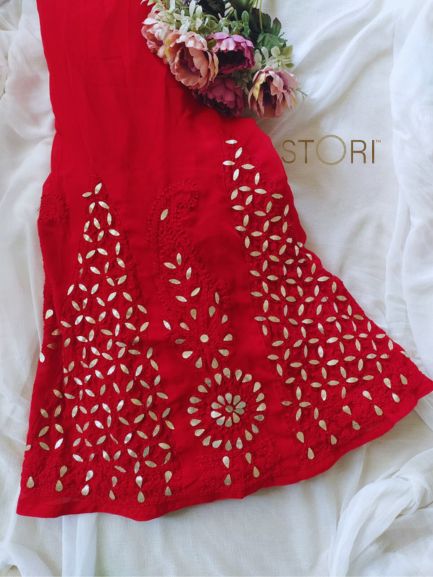 Hand Embroidered Georgette Lucknowi Chikankari Flared Palazzo with Gota Work- Red