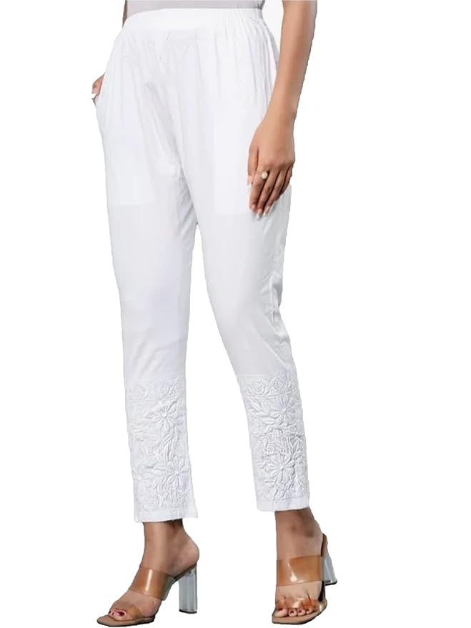Aster Machine Crafted White Lucknowi Chikankari Lycra Pants