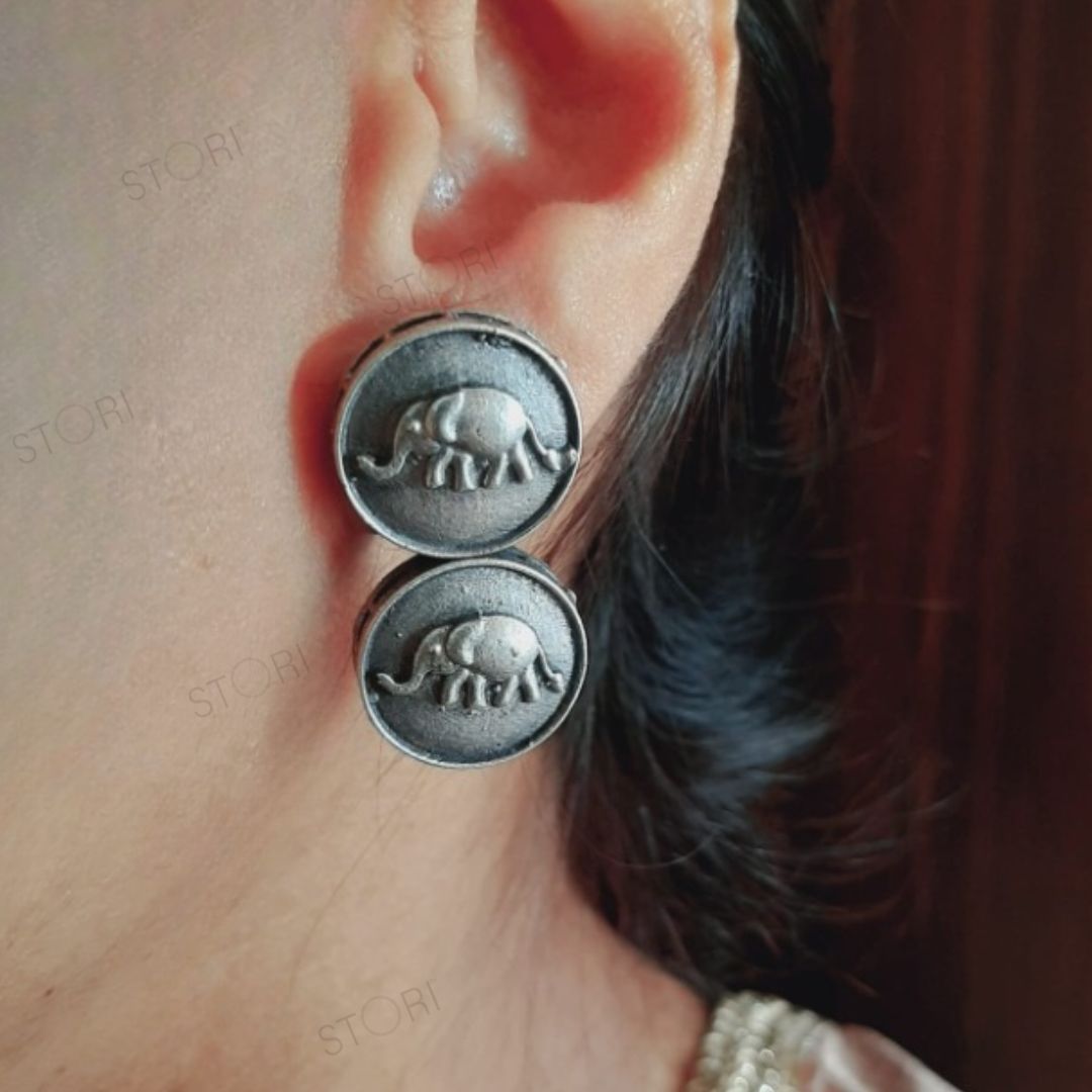 Coined Elephant Oxidised German Silver Earrings