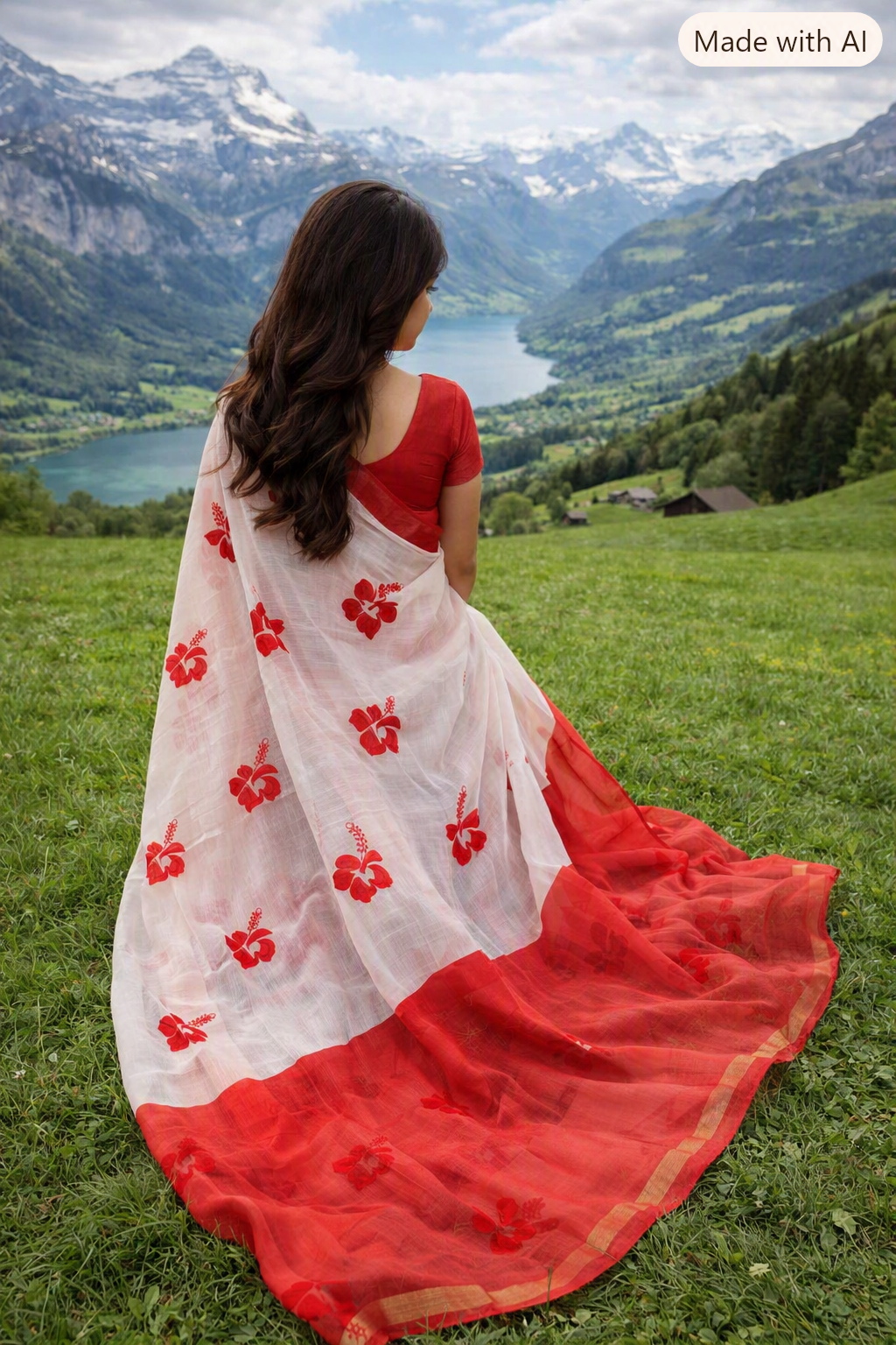 Red & White Hibiscus Print  Cotton Silk Saree
